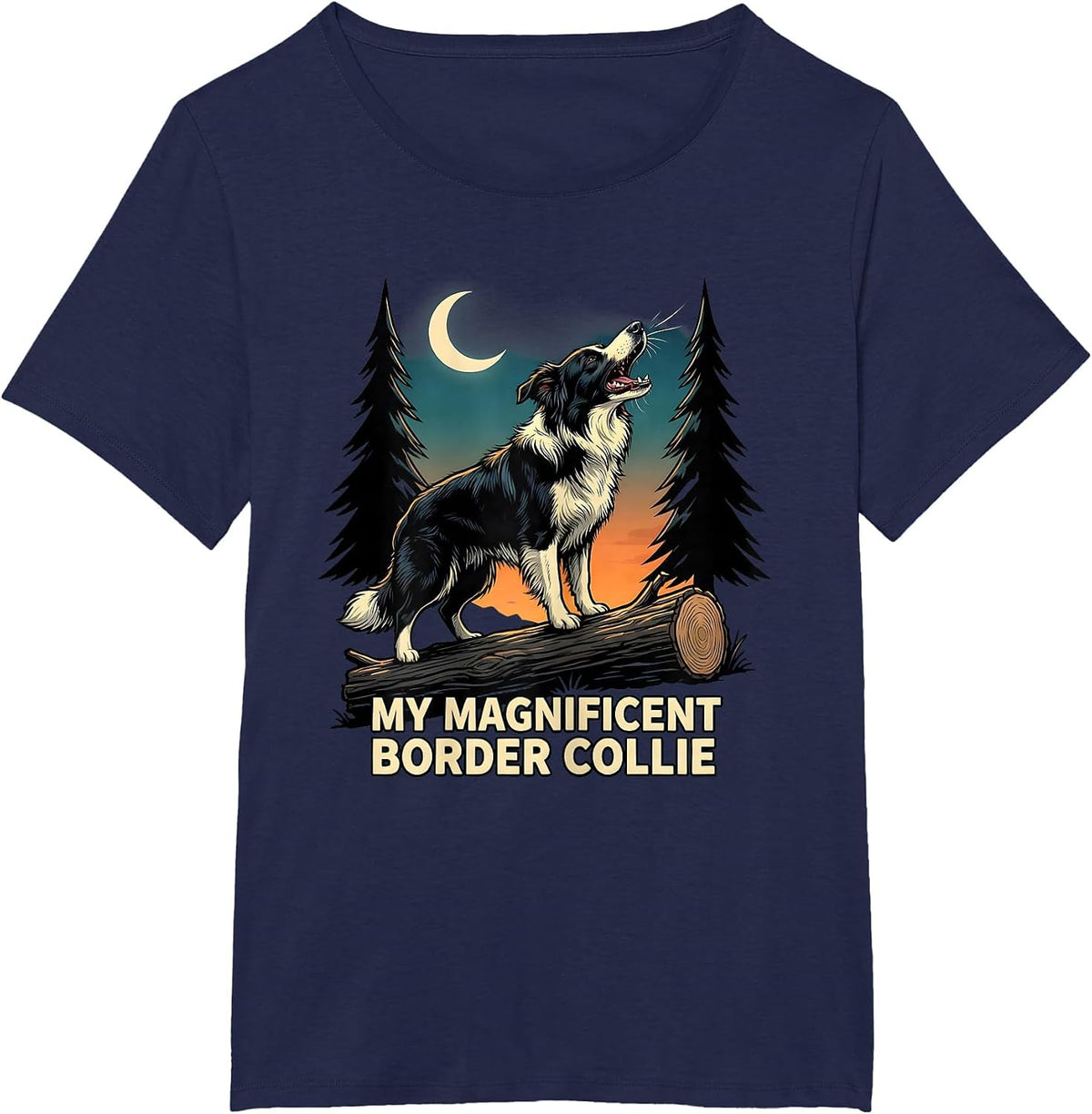 Women's MY MAGNIFICENT BORDER COLLIE Funny Cartoon Dog Breed Humor T-Shirt - Navy Blue