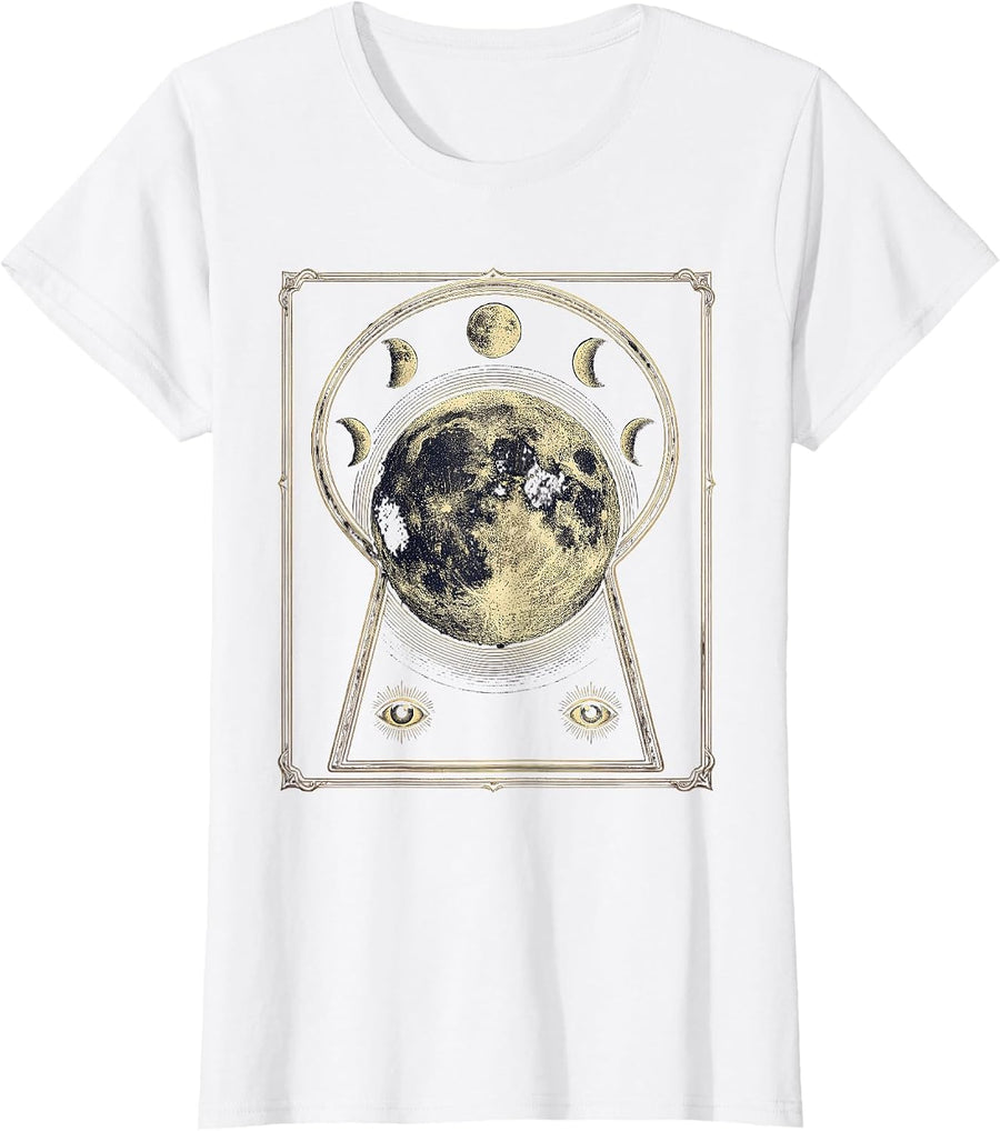 Women's Lunar Medallion Mystic Celestial Moon Phase Astronomy T-Shirt - White