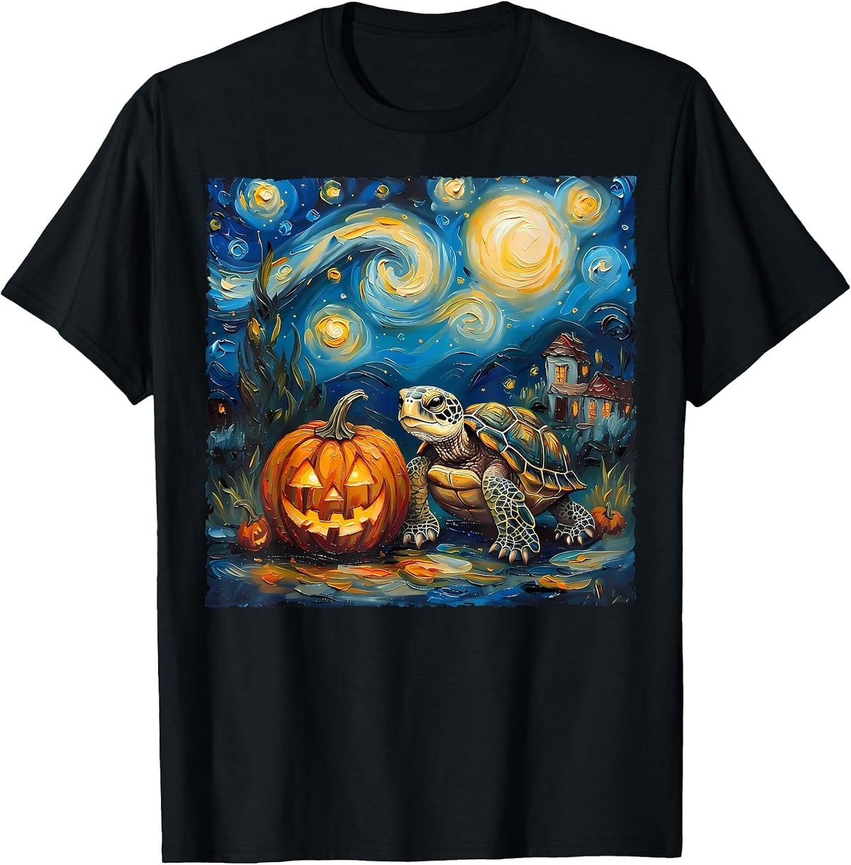 Turtle Pumpkin Van Gogh Starry Night Style Artwork Halloween T-Shirt - Black