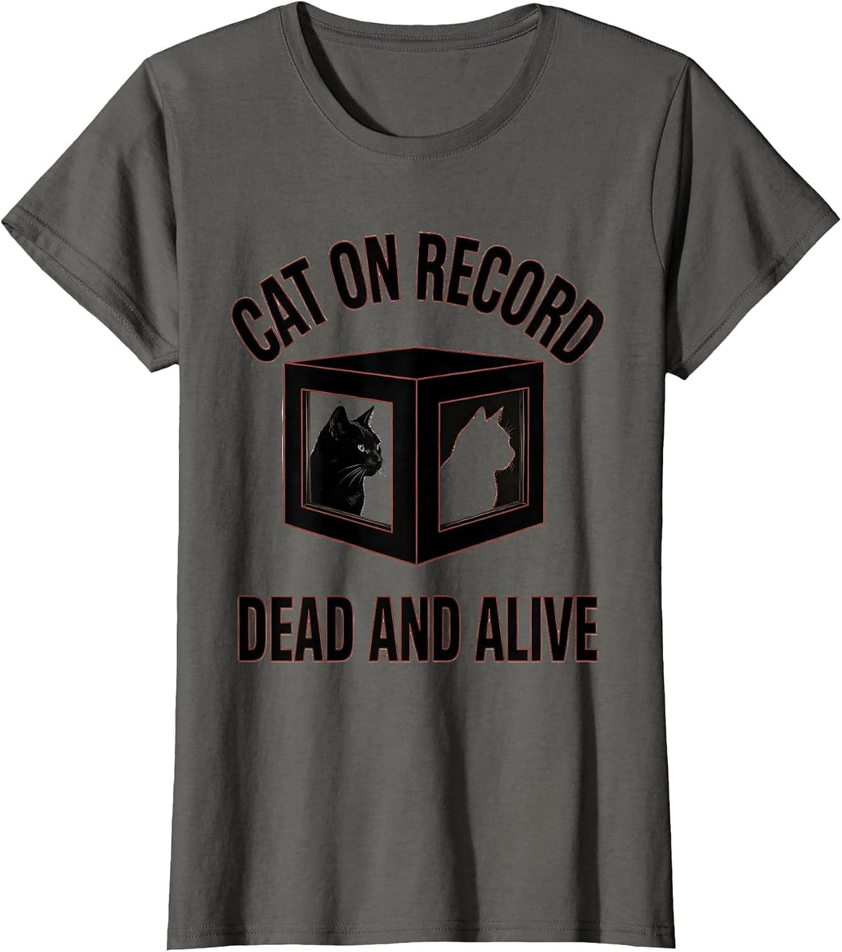 Women's Cat On Record Dead And Alive Funny Science Quantum Physics T-Shirt - Asphalt Grey