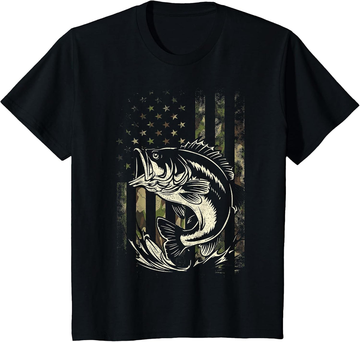 Fishing Camouflage US American Flag Bass Fish Fisherman Camo T-Shirt - Black