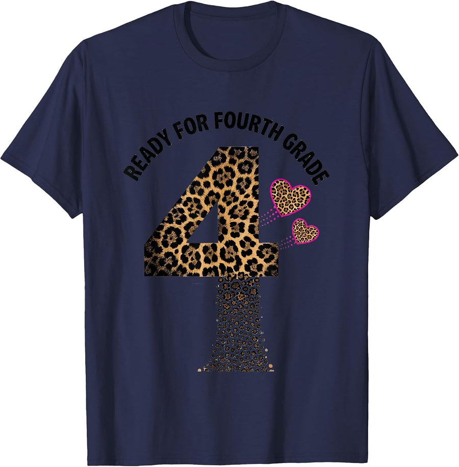 Ready For Fourth Grade Leopard Back To School Teacher Girl T-Shirt - Navy Blue