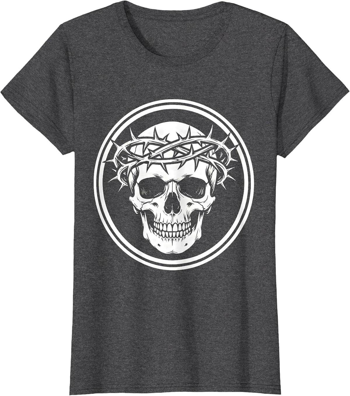 Women's Skull with Crown of Thorns Dark Art Graphic T-Shirt - Dark Heather Grey