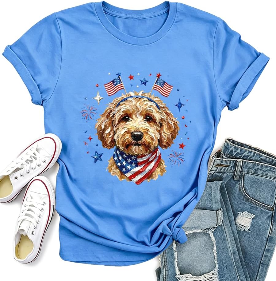 USA Goldendoodle Dog Shirt Goldendoodle 4th of July Patriotic Golden Doodle Dog T-Shirt - Crew neck Carolina Blue-1