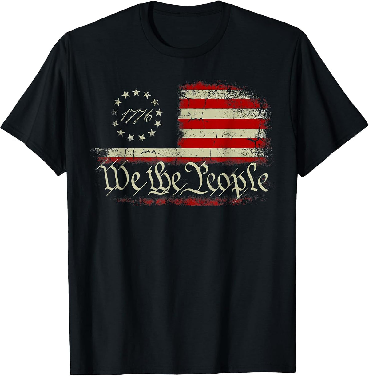 4th of July We The People American 1776 Old American Flag T-Shirt - Black