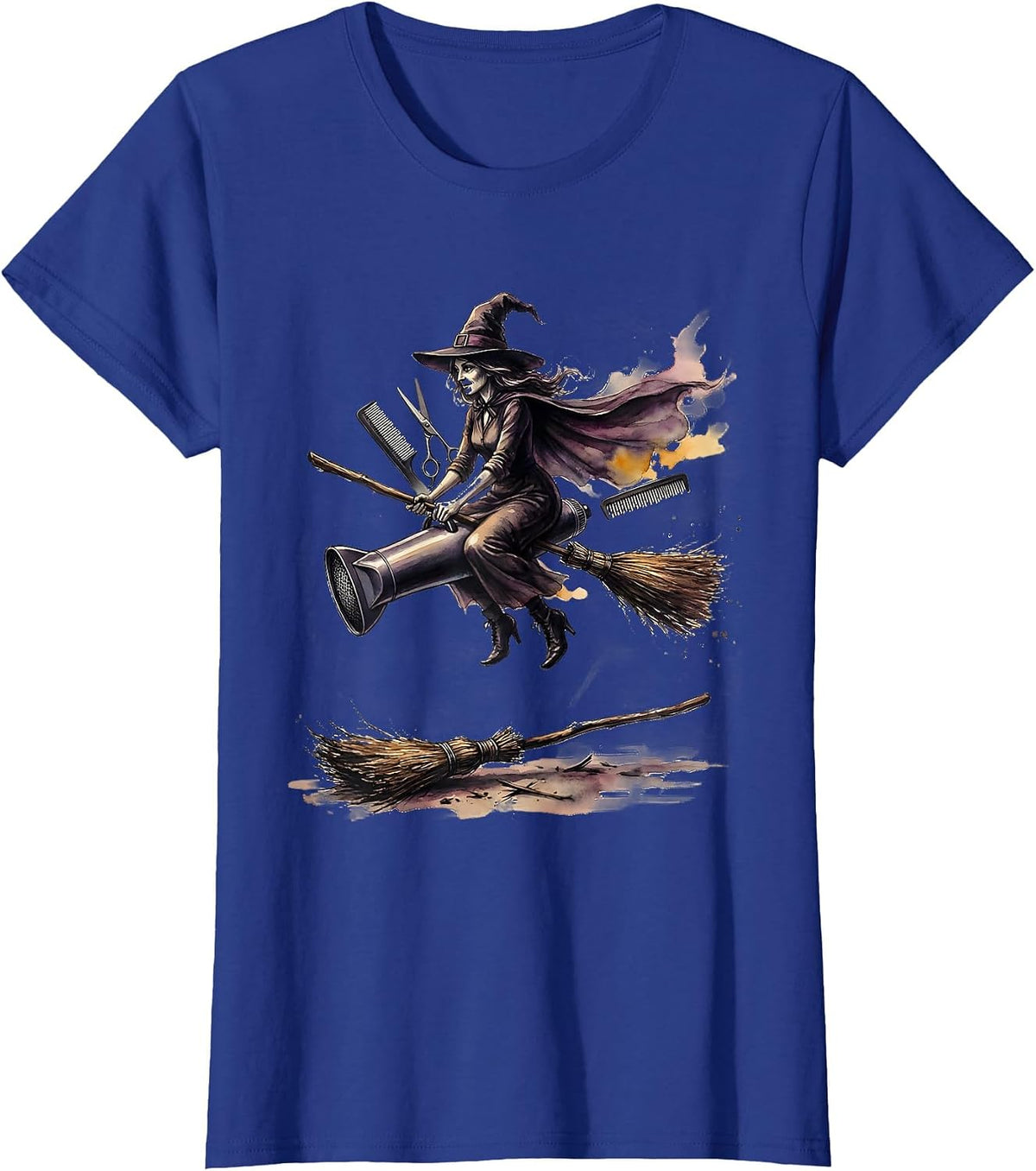 Women's Hairstylist Witch Halloween Occupation Humor Watercolor T-Shirt - Royal Blue
