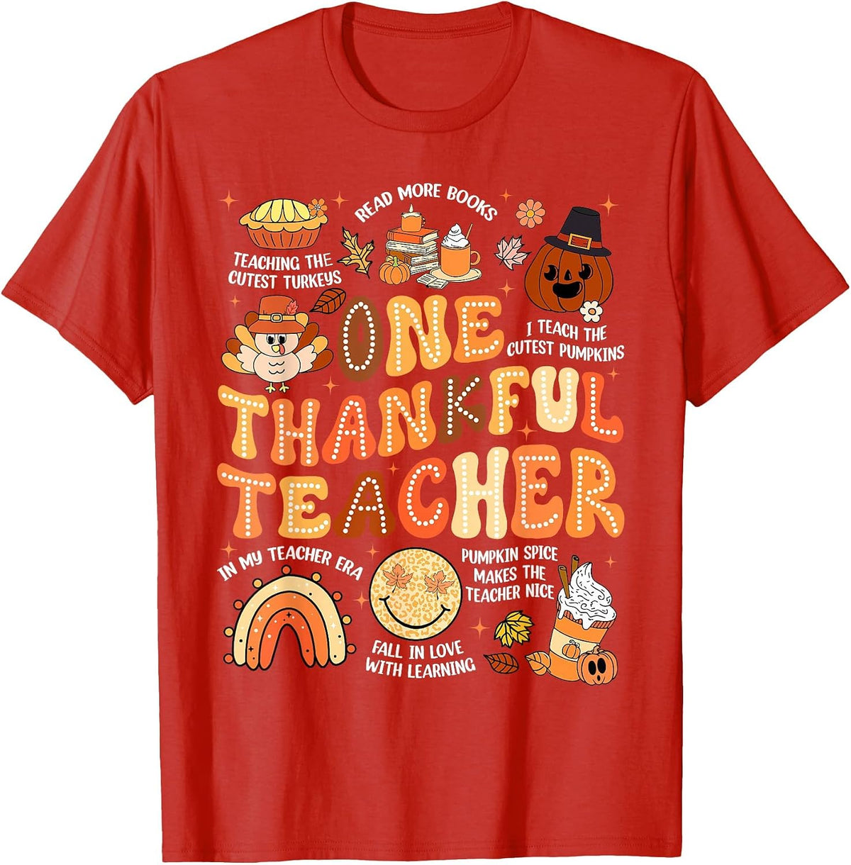 Thanksgiving One Thankful Teacher Fall Groovy Men Women T-Shirt - Red