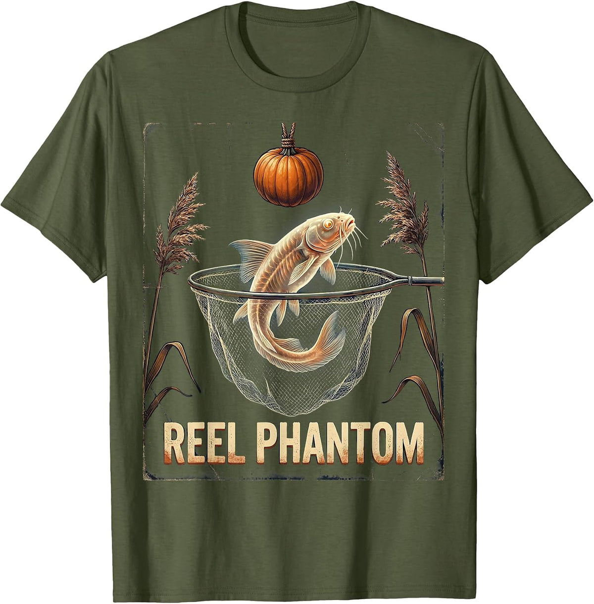 Men's Reel Phantom Vintage Halloween Fishing Ghost Fisherman Men T-Shirt - Olive Green