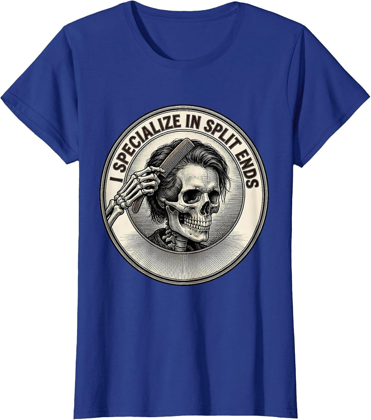 Women's I Specialize In Split Ends Funny Skeleton Hairstylist T-Shirt - Royal Blue