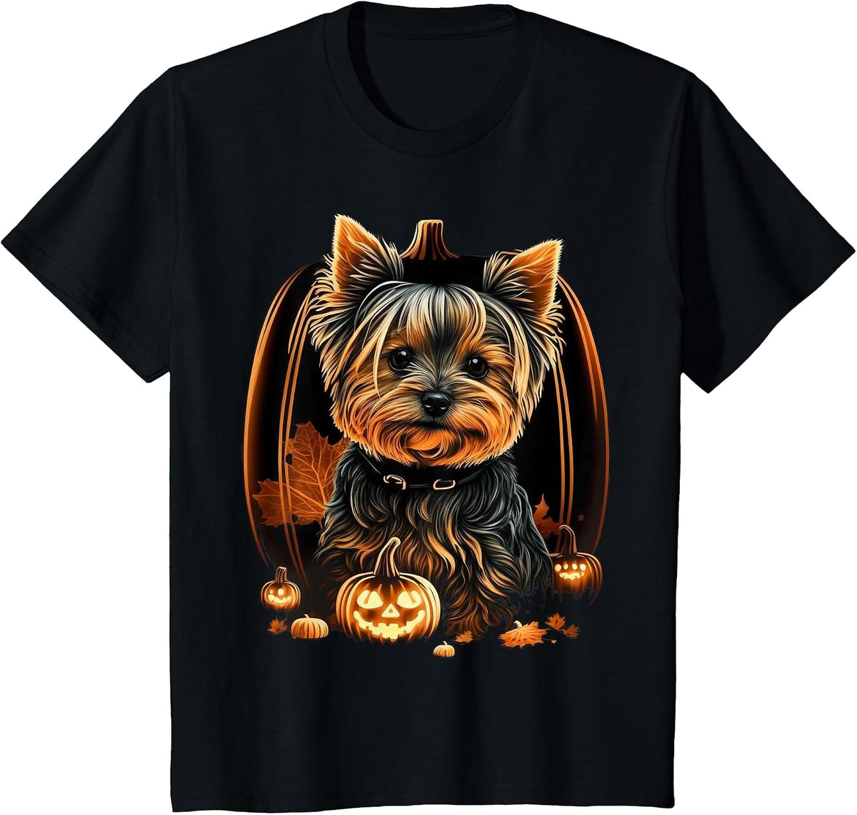Pumpkin Yorkie Costume on Yorkshire Terrier Halloween T-Shirt - Black