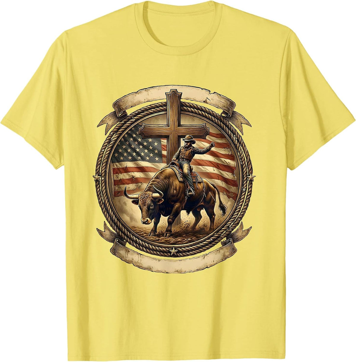 Men's Rodeo Bull Riding Graphic - USA Cowboy Bucking T-Shirt - Lemon Yellow