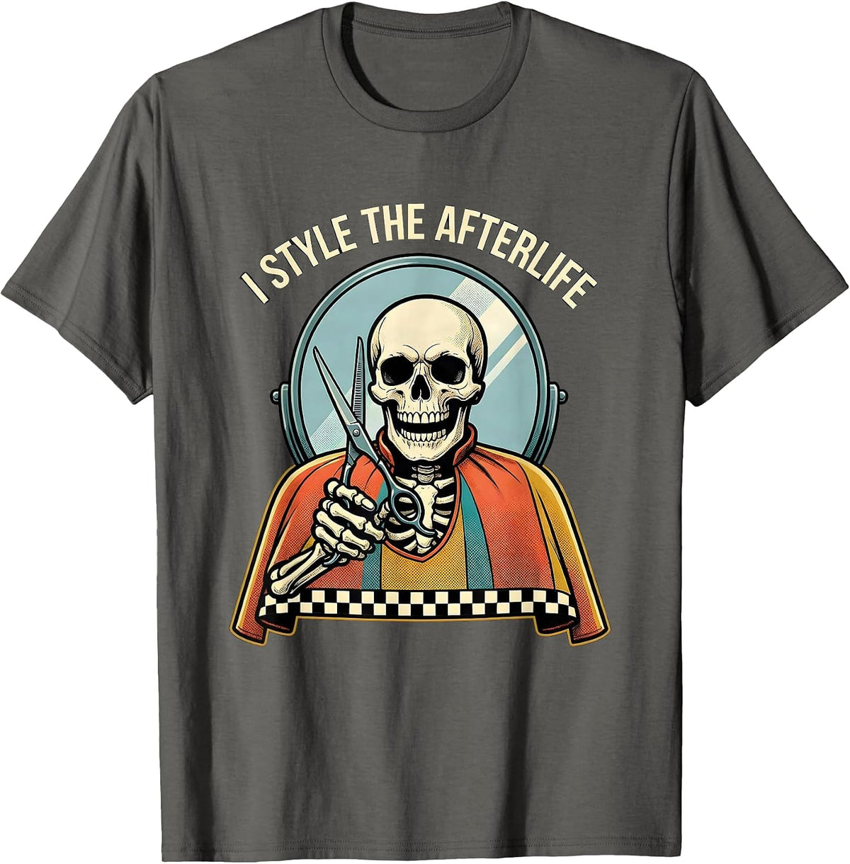 I Style The Afterlife Retro Advertising Skeleton Hairdresser T-Shirt - Asphalt Grey