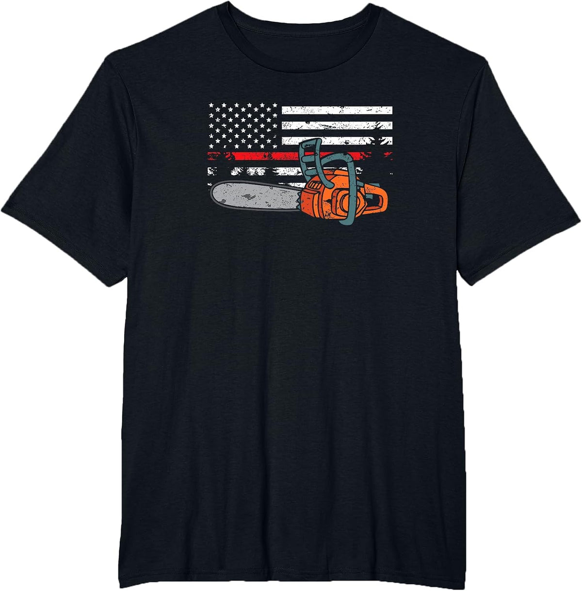 Wildland Firefighter Chainsaw Red Line American Flag T-Shirt - Black