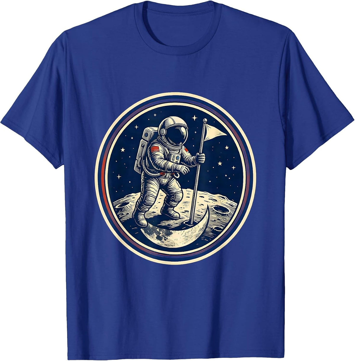 Men's Retro Astronaut Moon Landing Vintage Space Art T-Shirt - Royal Blue