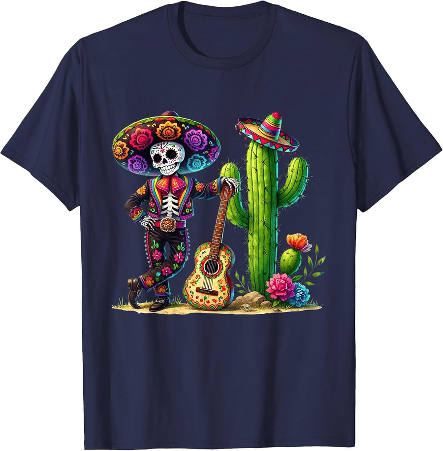 Men Skeleton Cinco De Mayo Mariachi Fiesta Guitar Cactus T-Shirt - Navy Blue