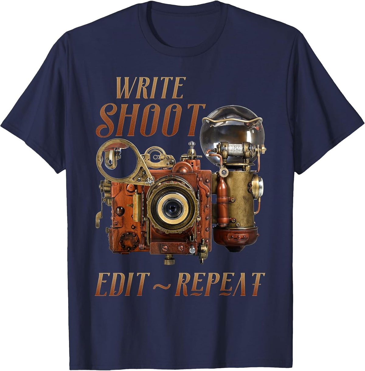 Write Shoot Edit Repeat Steampunk Flash Filmmaker T-Shirt - Navy Blue