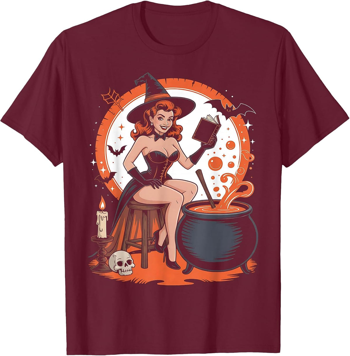 Halloween Witch Pin Up Vintage Halloween Retro T-Shirt - Burgundy