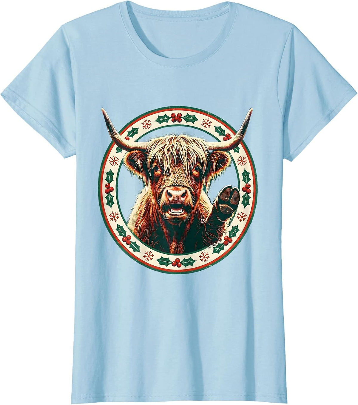 Highland Cow Holiday Badge Christmas Farm Animal Fan T-Shirt - Baby Blue