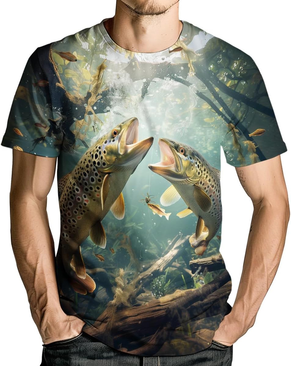 Men’s 3D Fishing T-Shirt Realistic Fish Graphic Short Sleeve Tee for Outdoor Sports and Casual Wear - Trout Fish Print Shirt