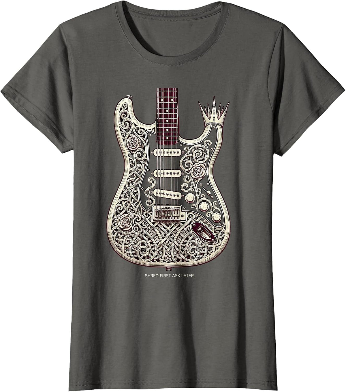 Women's Shred First Ask Later Heavy Metal Guitar Design T-Shirt - Asphalt Grey