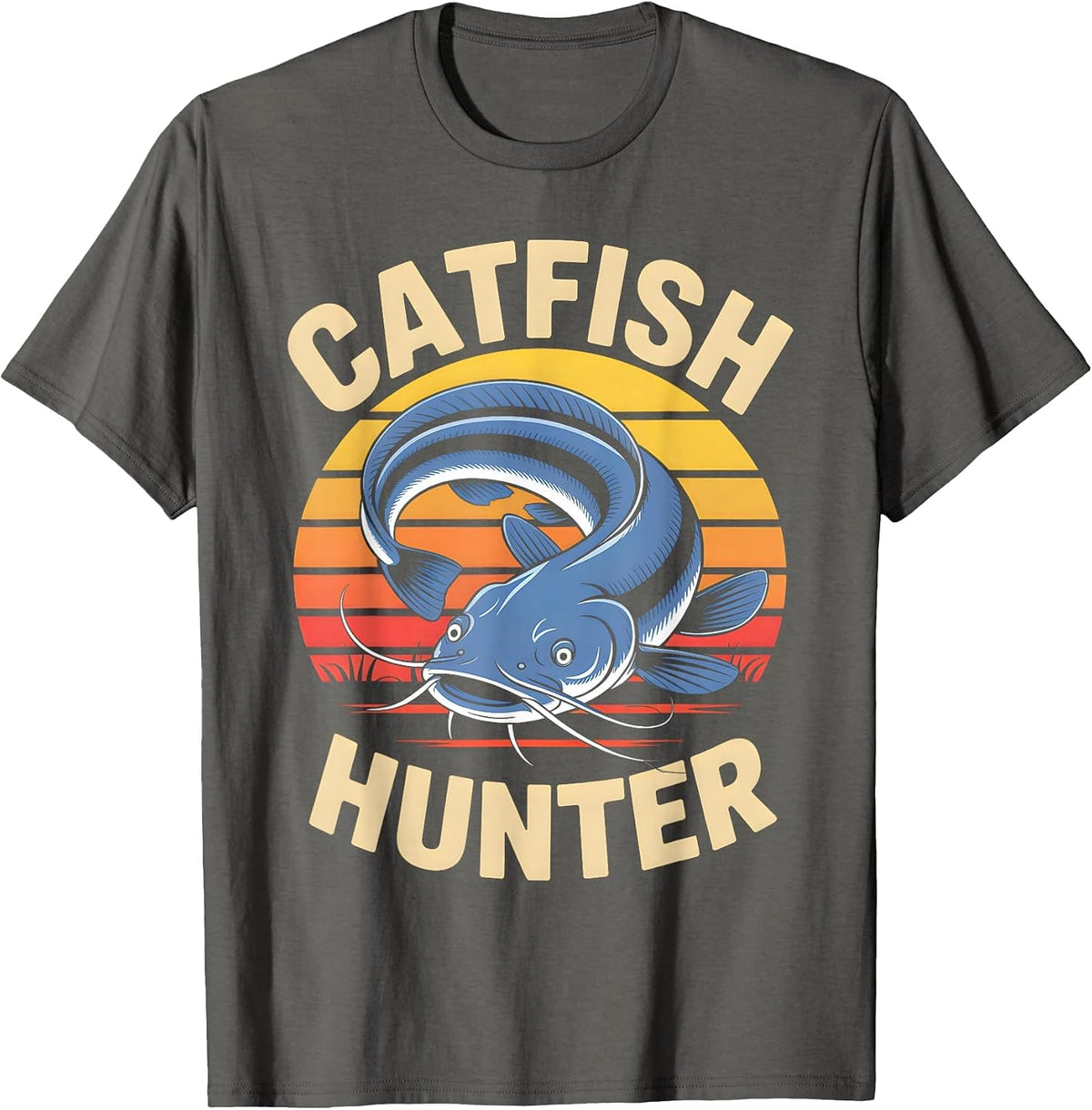 Catfish Hunter Retro Sunset Fishing T-Shirt - Asphalt Grey