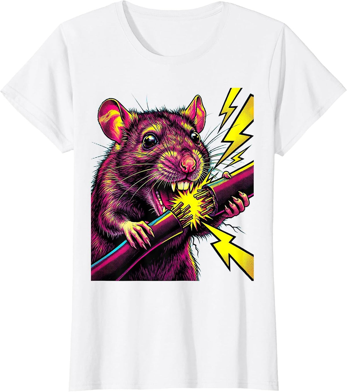 Rat Gnawing Power Cable Sparking Graphic T-Shirt - White