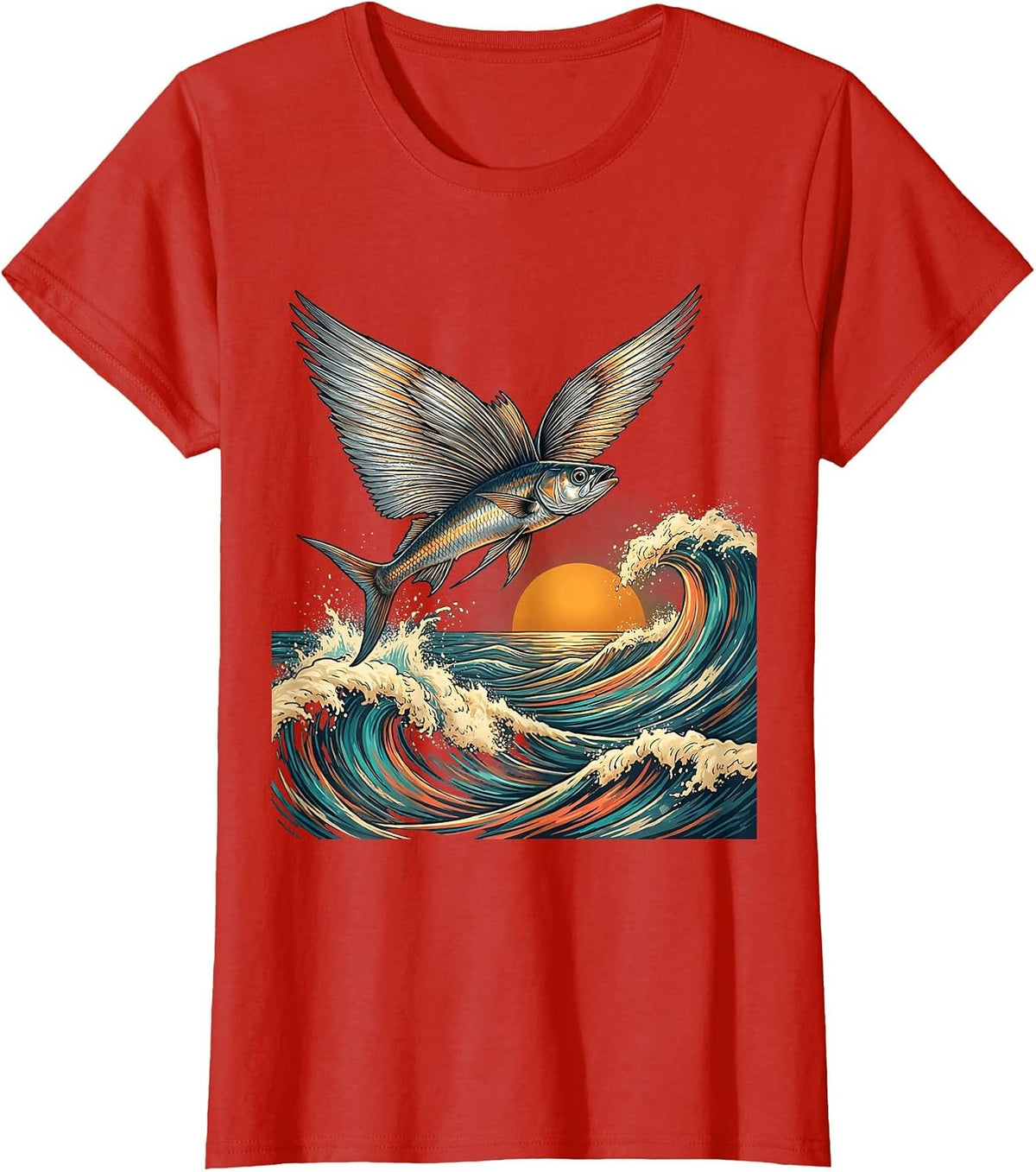 Flying Fish Tropical Ocean Waves Graphic T-Shirt - Red
