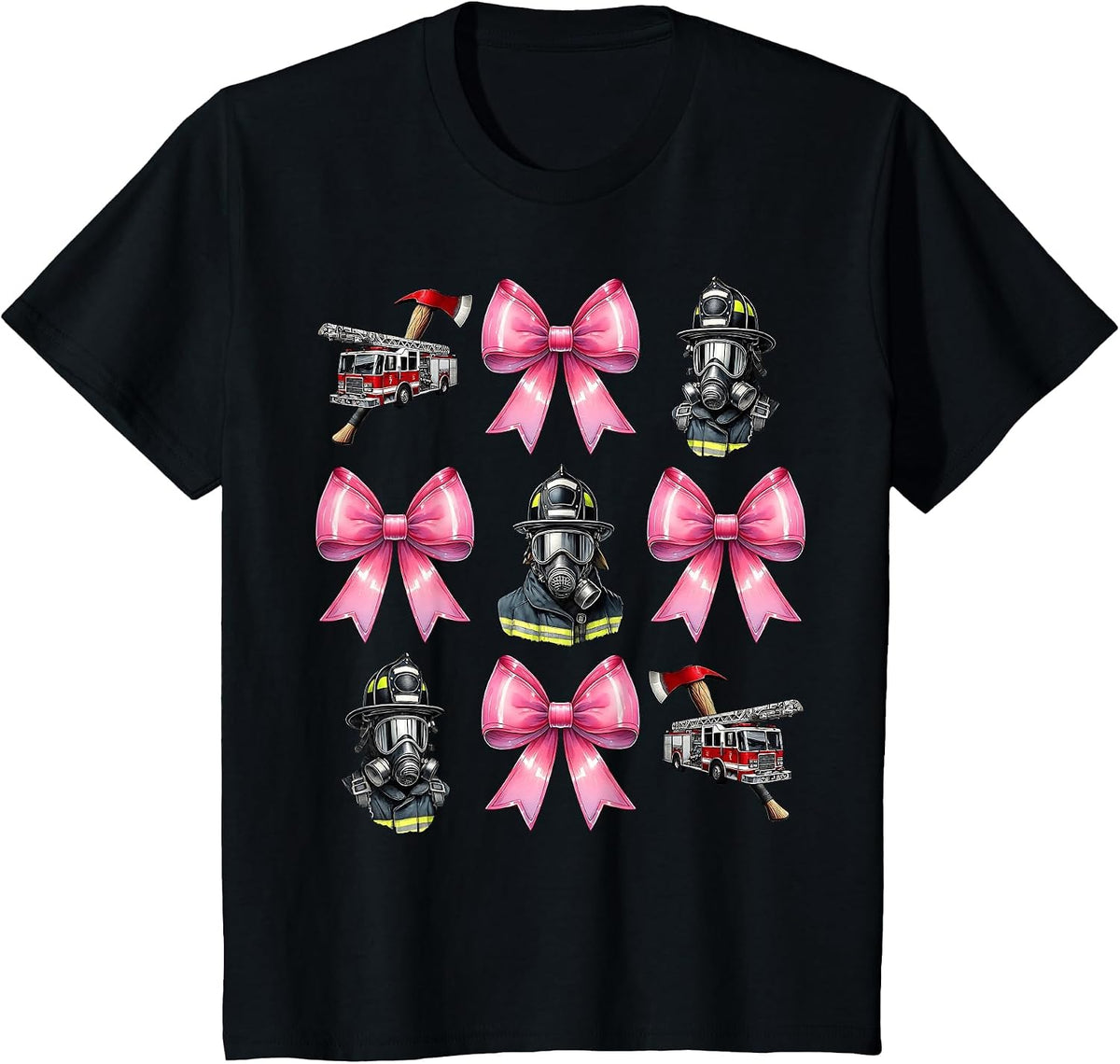 Coquette Bow Firefighting Firefighter Fire Truck Mom Girl T-Shirt - Black
