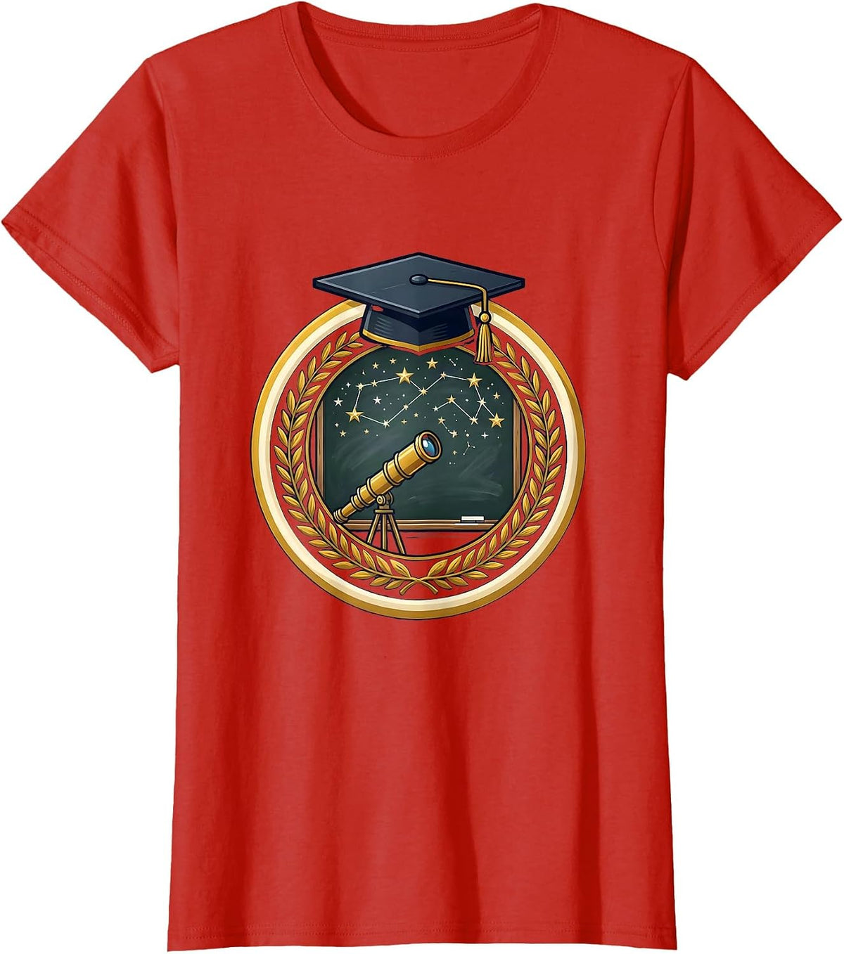 Women's Telescope Stargazing Chalkboard Science Design T-Shirt - Red