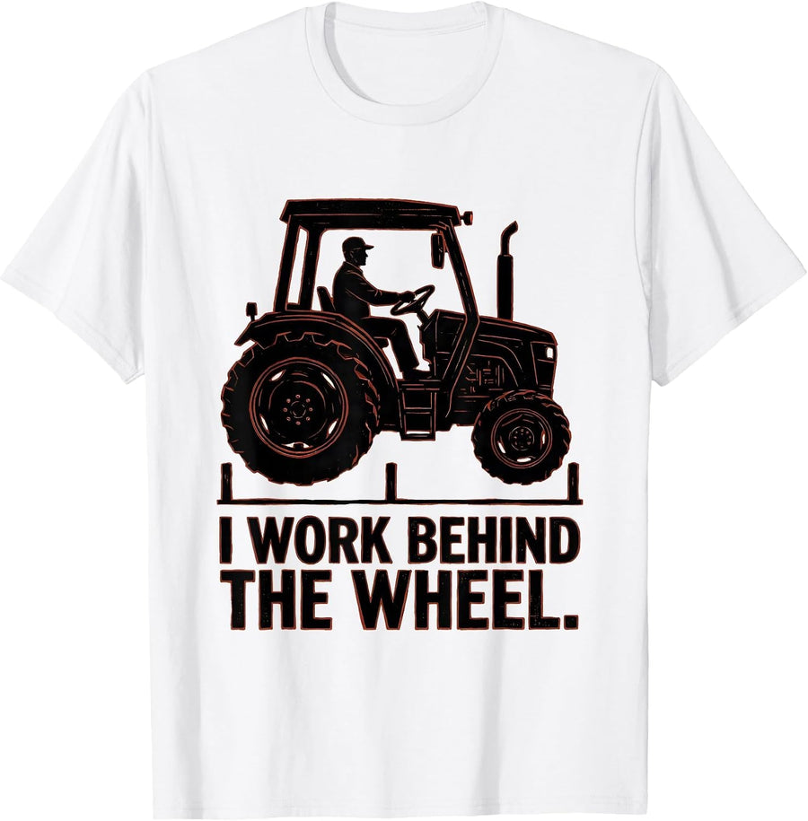 Men's I Work Behind The Wheel Funny Truck Driver Linocut T-Shirt - White