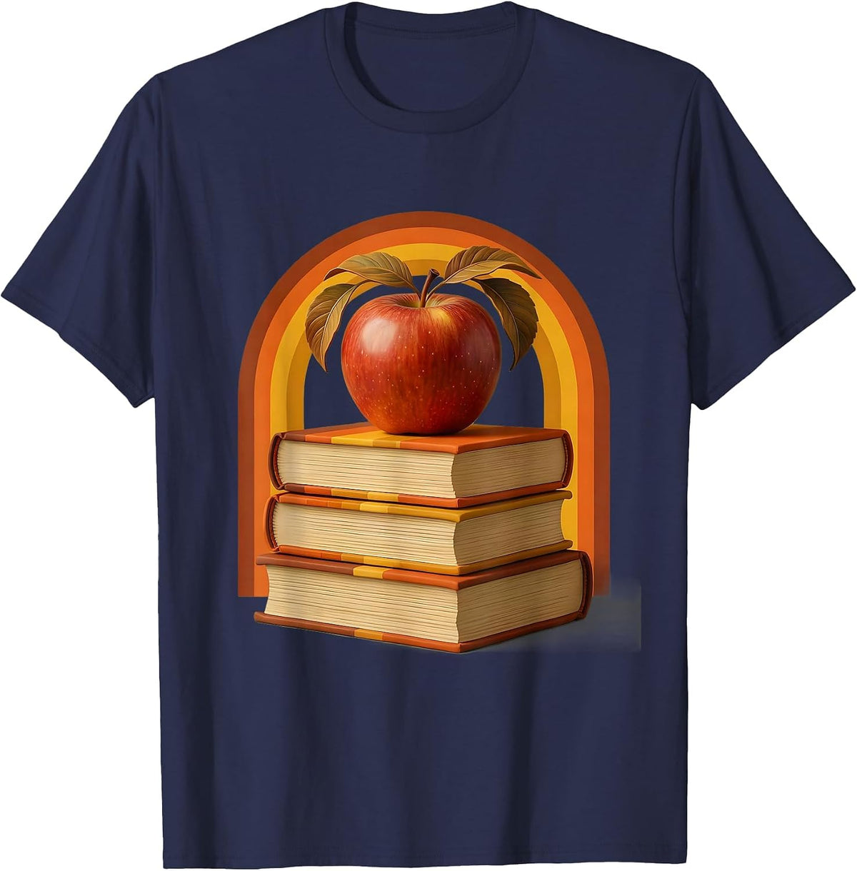 4th Grade Teacher Apple and Books Illustration T-Shirt - Navy Blue