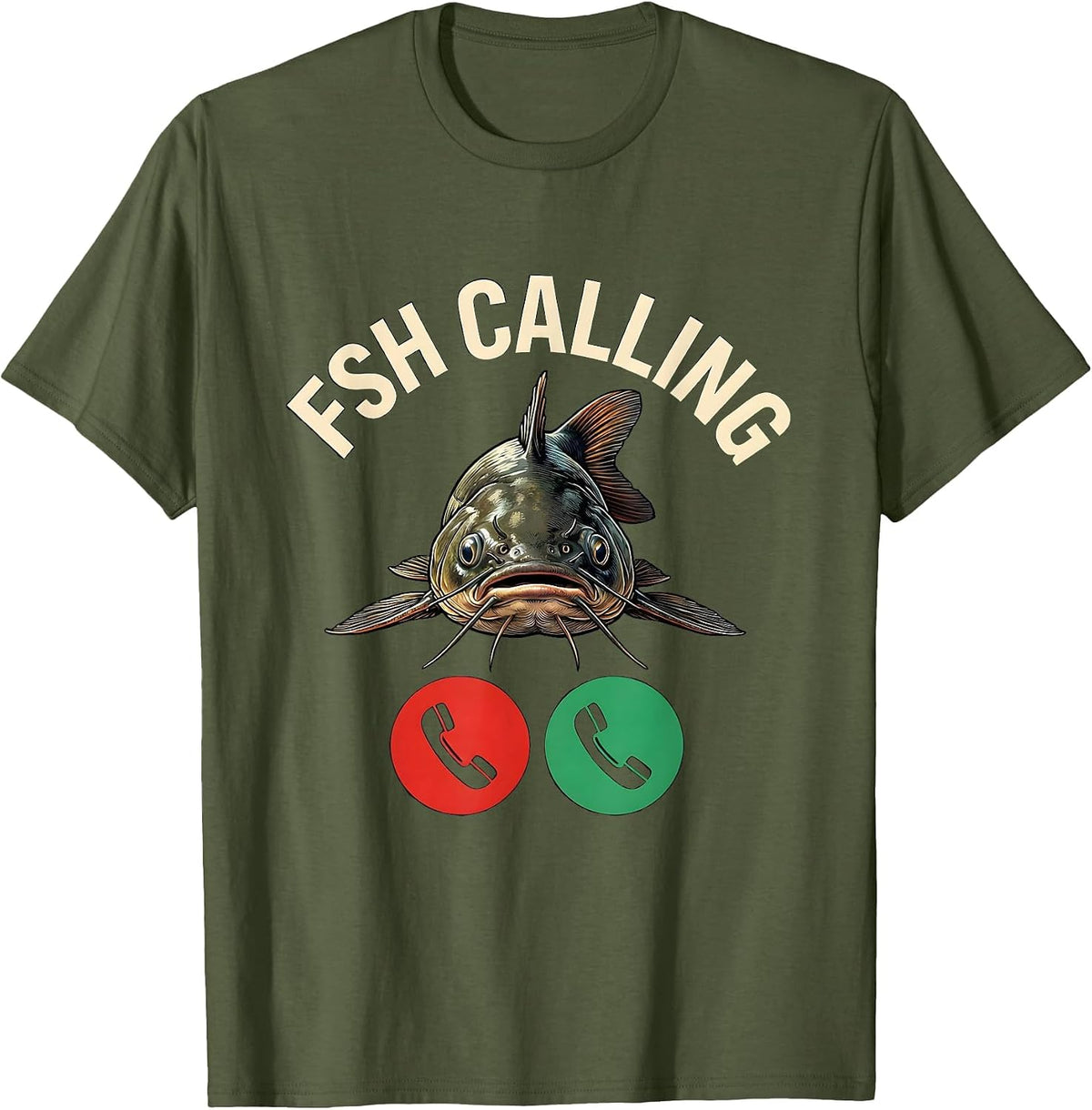 Fsh Calling Funny Fishing Meme Phone Call Parody T-Shirt - Olive Green