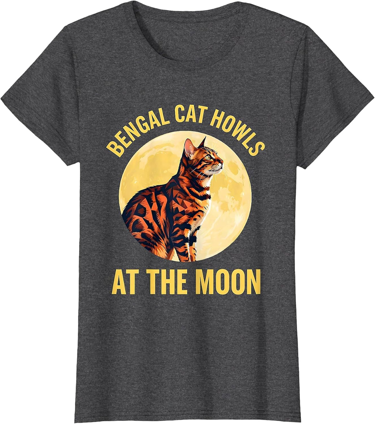 Women's Bengal Cat Howls at the Moon 90s Retro Novelty Humor T-Shirt - Dark Heather Grey