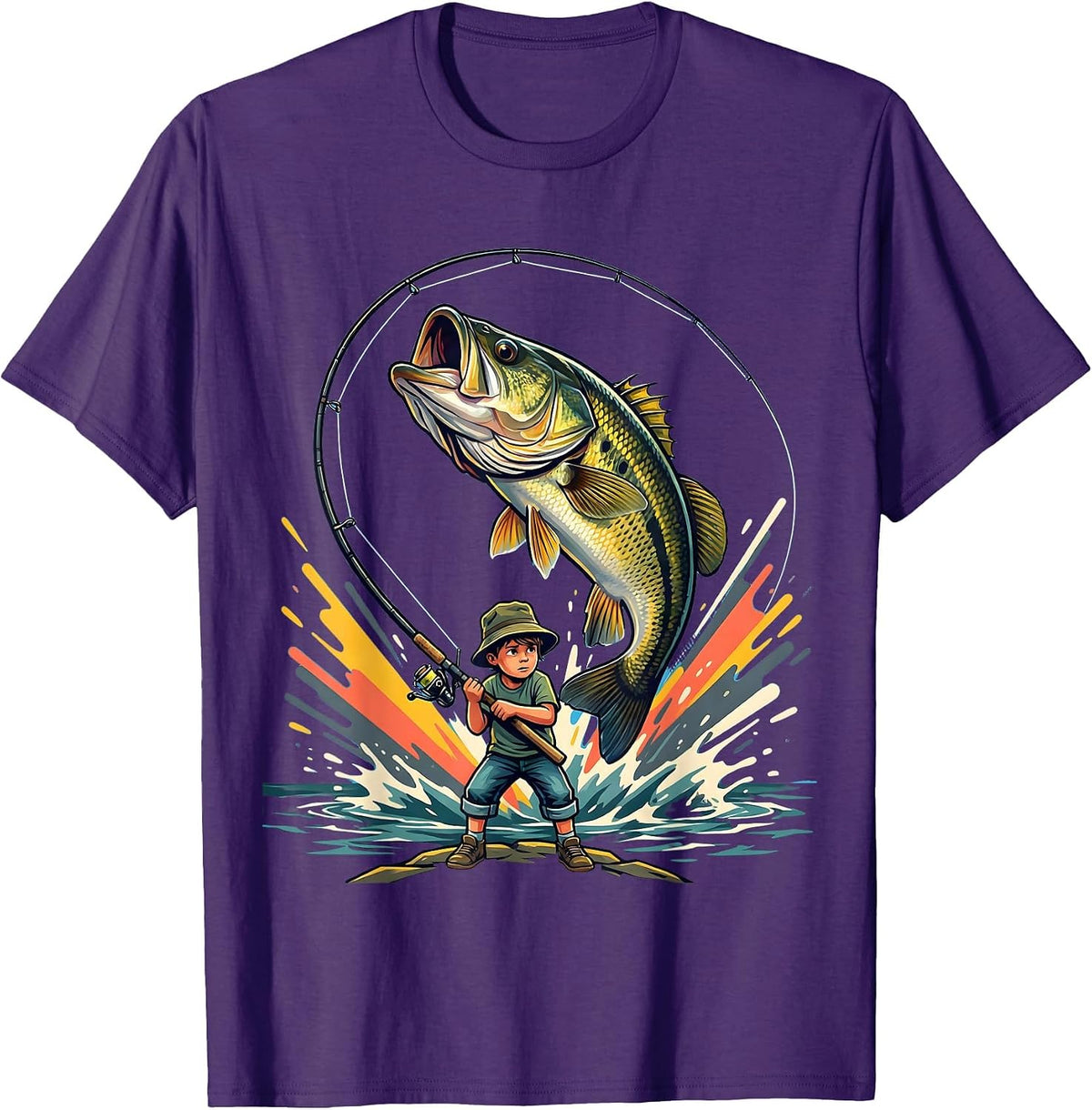 Men's Boys Fishing Young Angler Reeling In Giant Bass T-Shirt - Purple