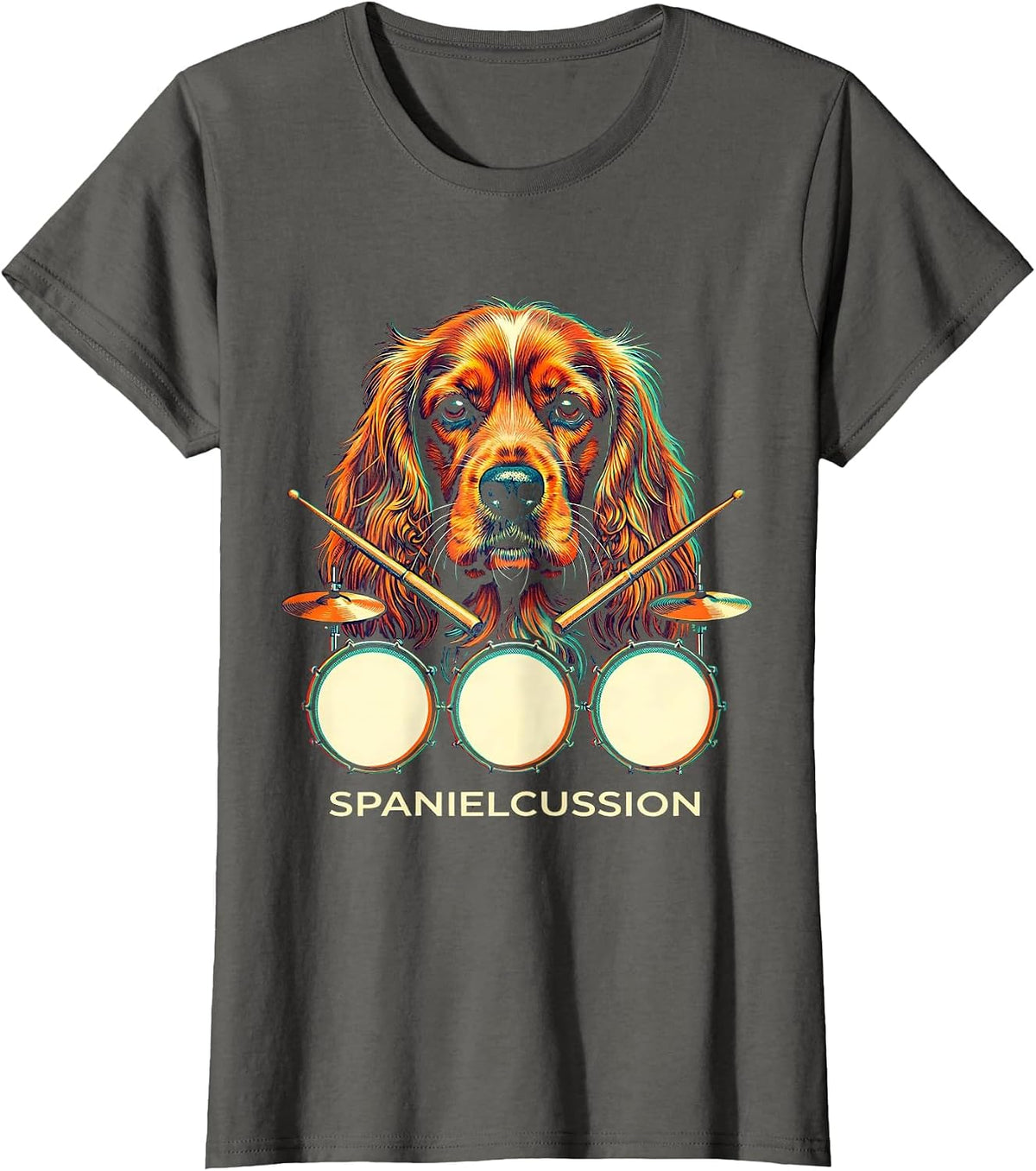 Women's Spanielcussion Risograph Cocker Spaniel Pet Drummer Rock T-Shirt - Asphalt Grey