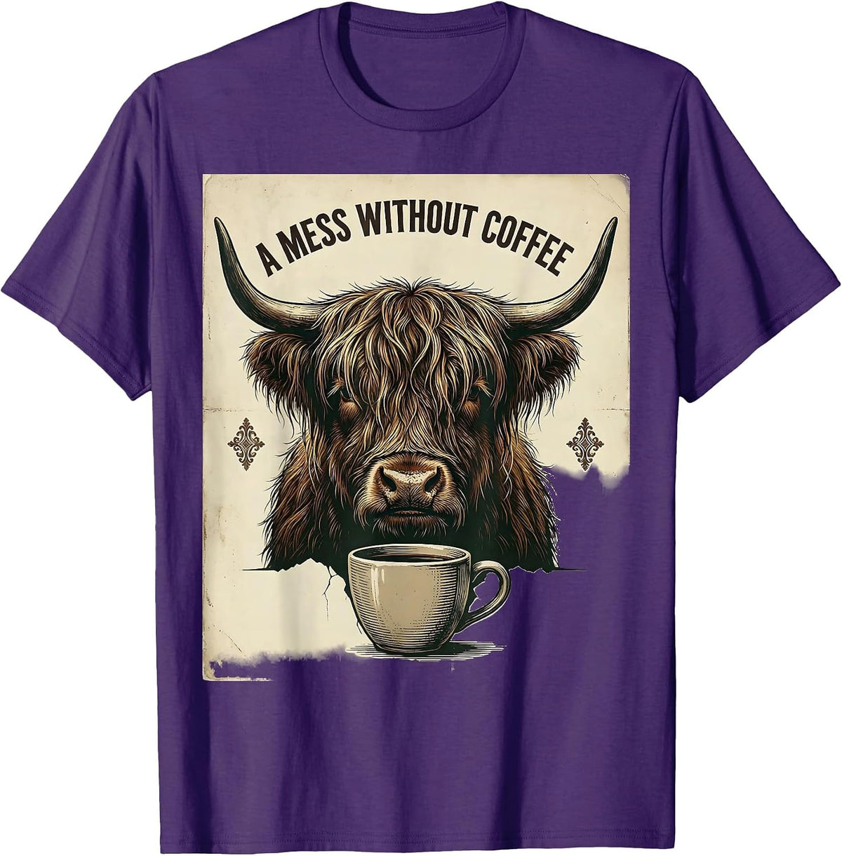 A Mess Without Coffee Vintage Highland Cow Coffee Lover T-Shirt - Purple