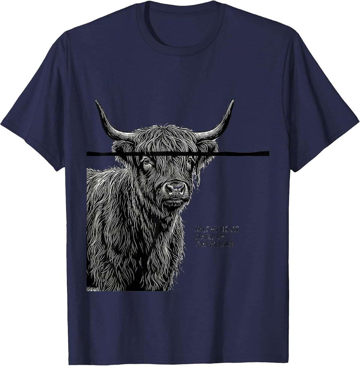 Half My Heart Stayed On That Hillside Cute Highland Cow T-Shirt - Navy Blue