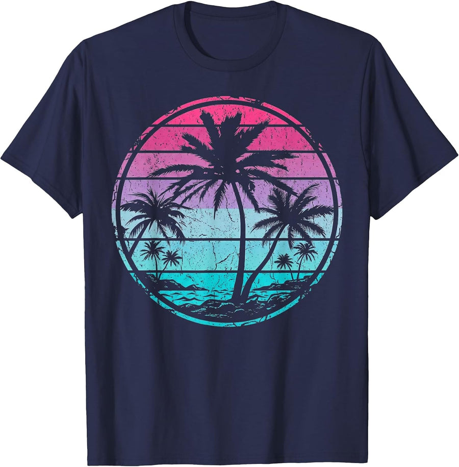 Palm Tree Sunset Retro Beach Vintage Tropical Designs T-Shirt - Navy Blue