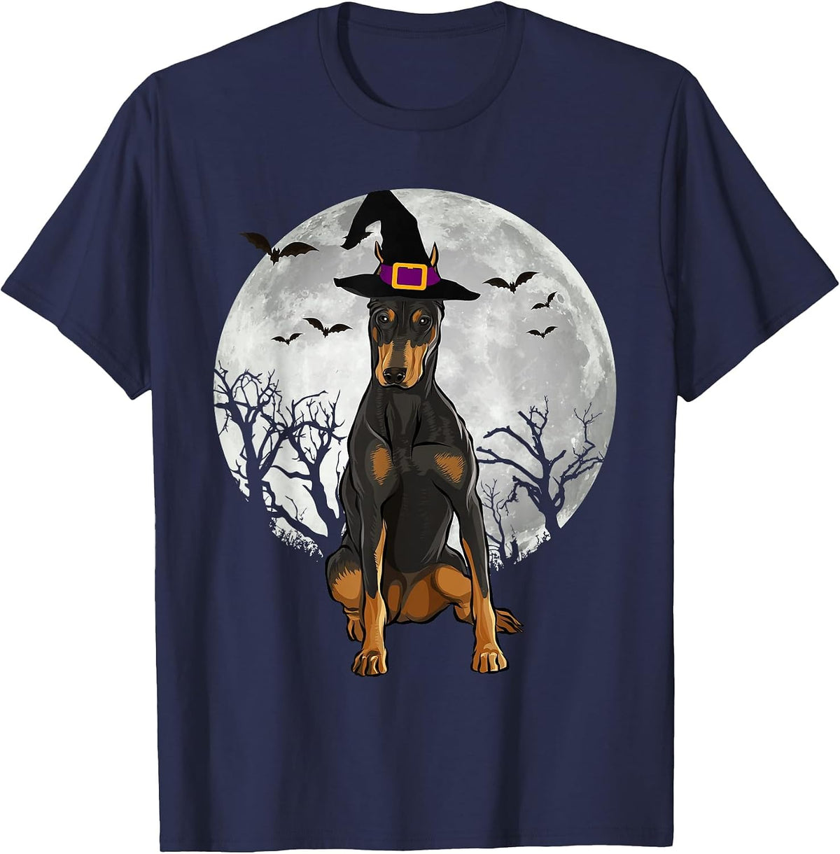 Scary Doberman Pinscher Dog Witch Hat Halloween T-Shirt - Navy Blue
