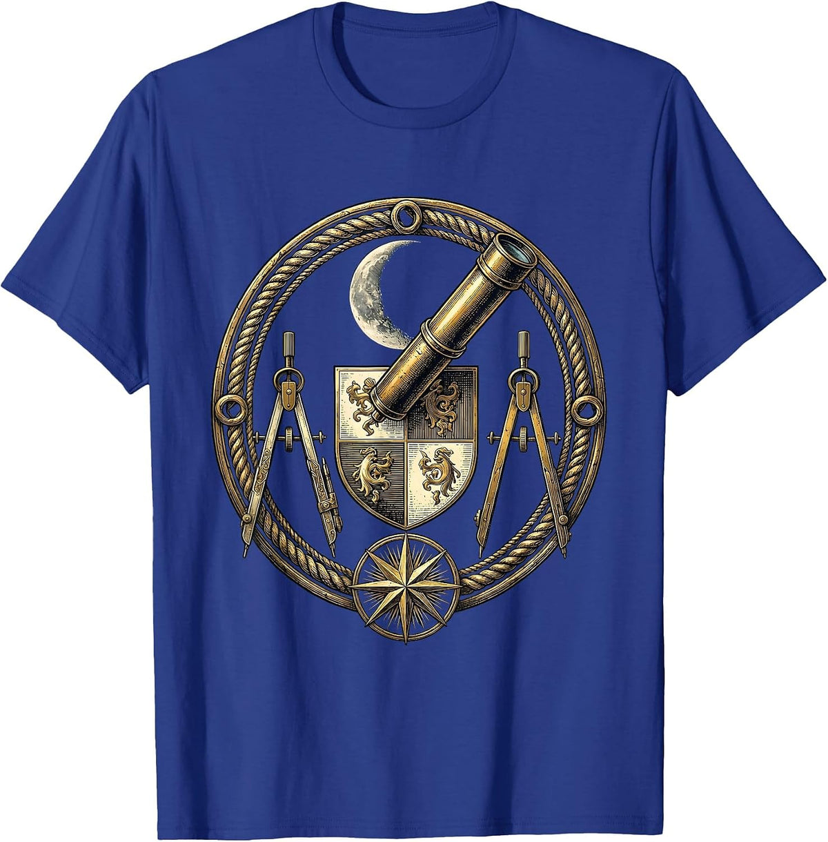 Renaissance Astronomer Telescope Crescent Moon Art T-Shirt - Royal Blue