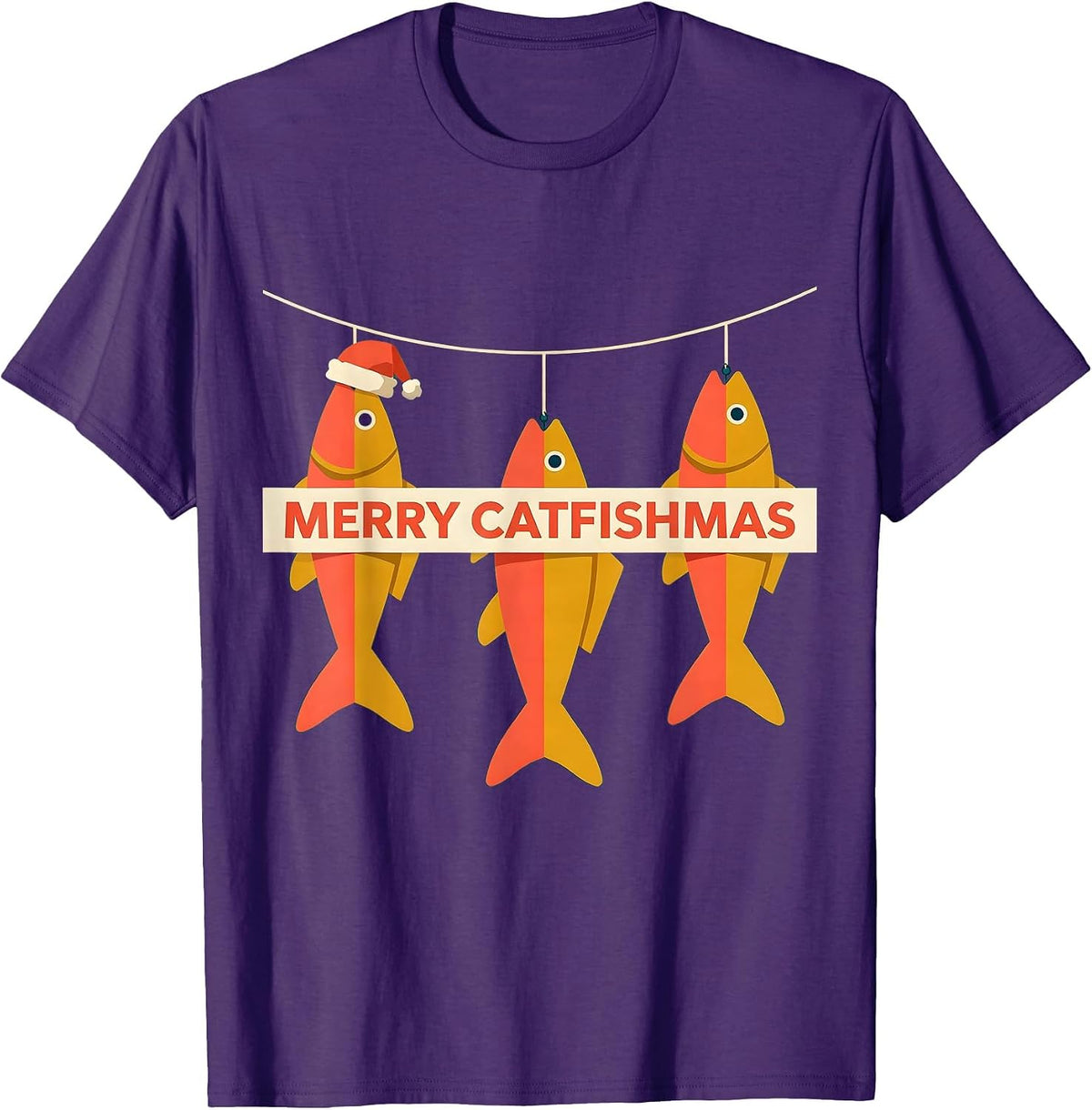 Merry Catfishmas Midcentury Modern Fishing Humor Christmas T-Shirt - Purple