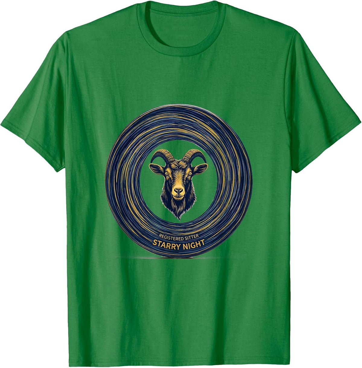Men's Registered Sitter Starry Night Minimalist Goat Animal Lover T-Shirt - Kelly Green