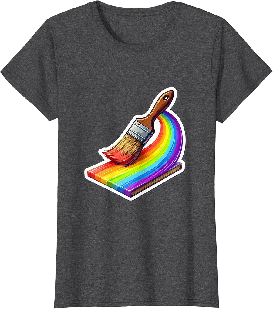 Women's 4th Grade Teacher Rainbow Paintbrush Art Design T-Shirt - Dark Heather Grey