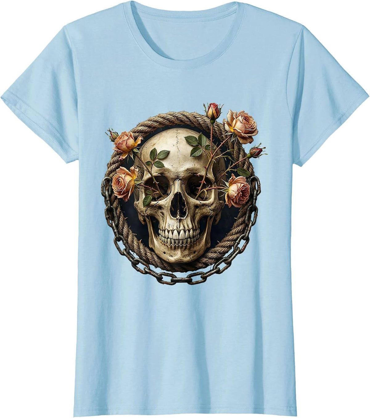 Skull and Wild Roses Through Eye Graphic T-Shirt - Baby Blue