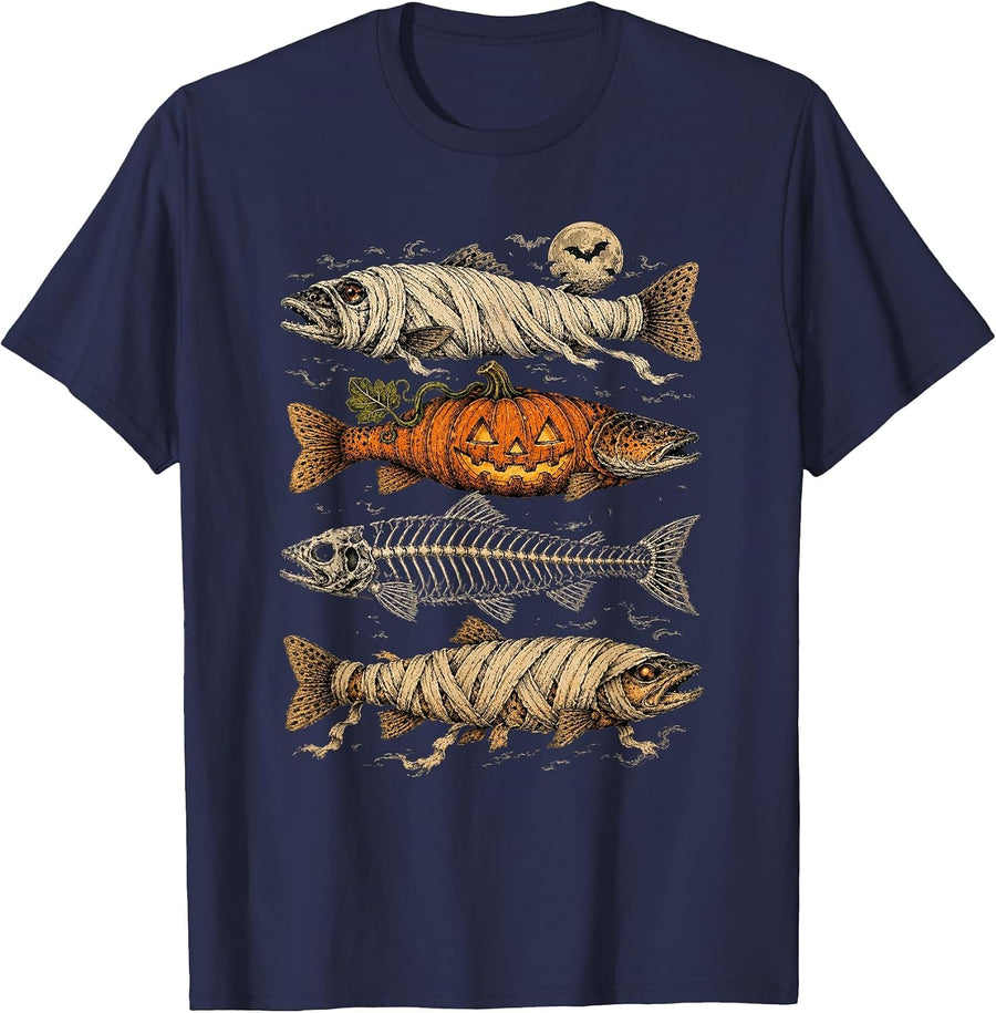 Halloween Fish Shirt Funny Trout Ghost Pumpkin Skeleton Mummy Fishing Tee T-Shirt - Navy Blue