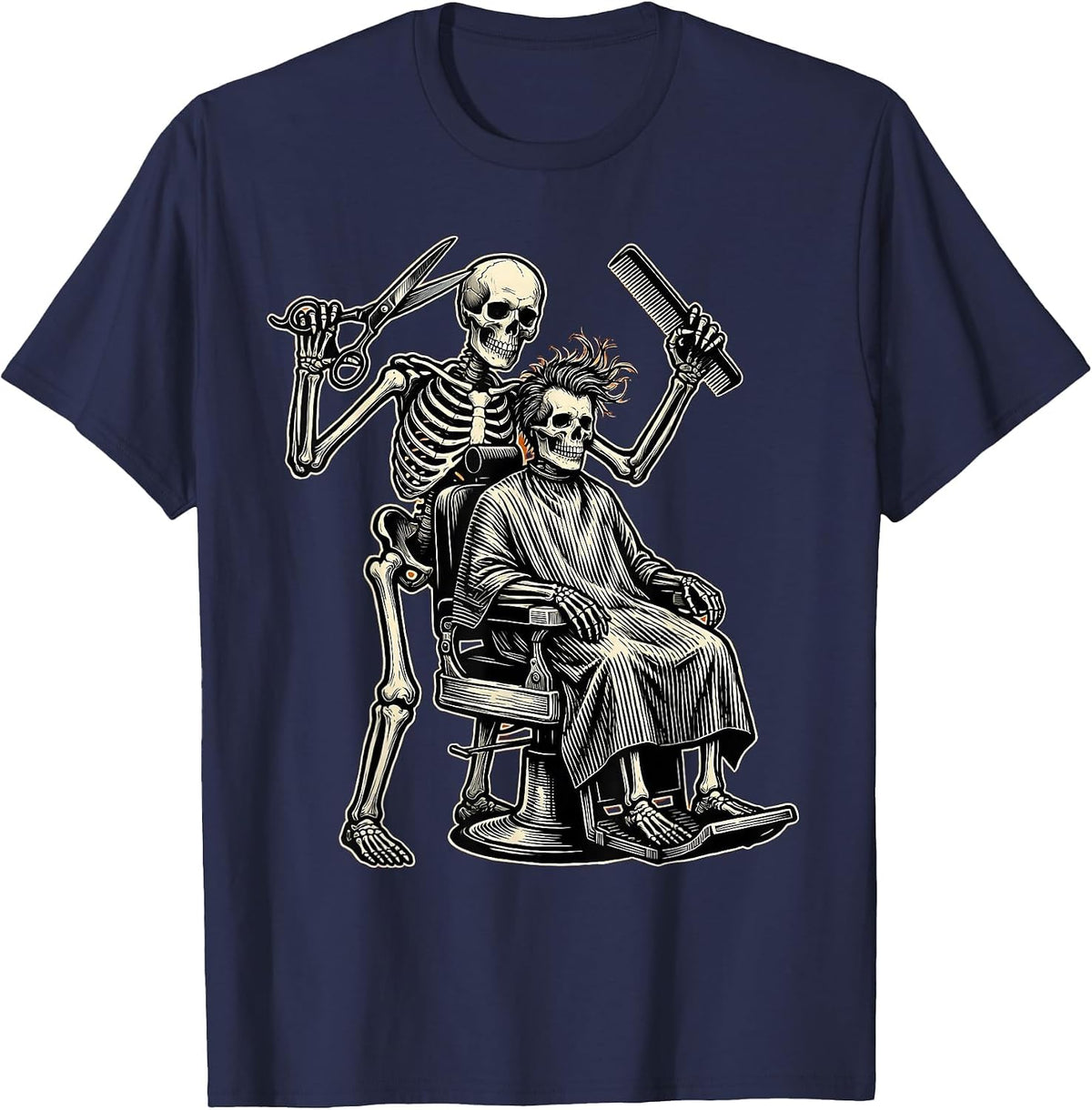 Men's Skeleton Barber Haircut Funny Halloween Graphic T-Shirt - Navy Blue