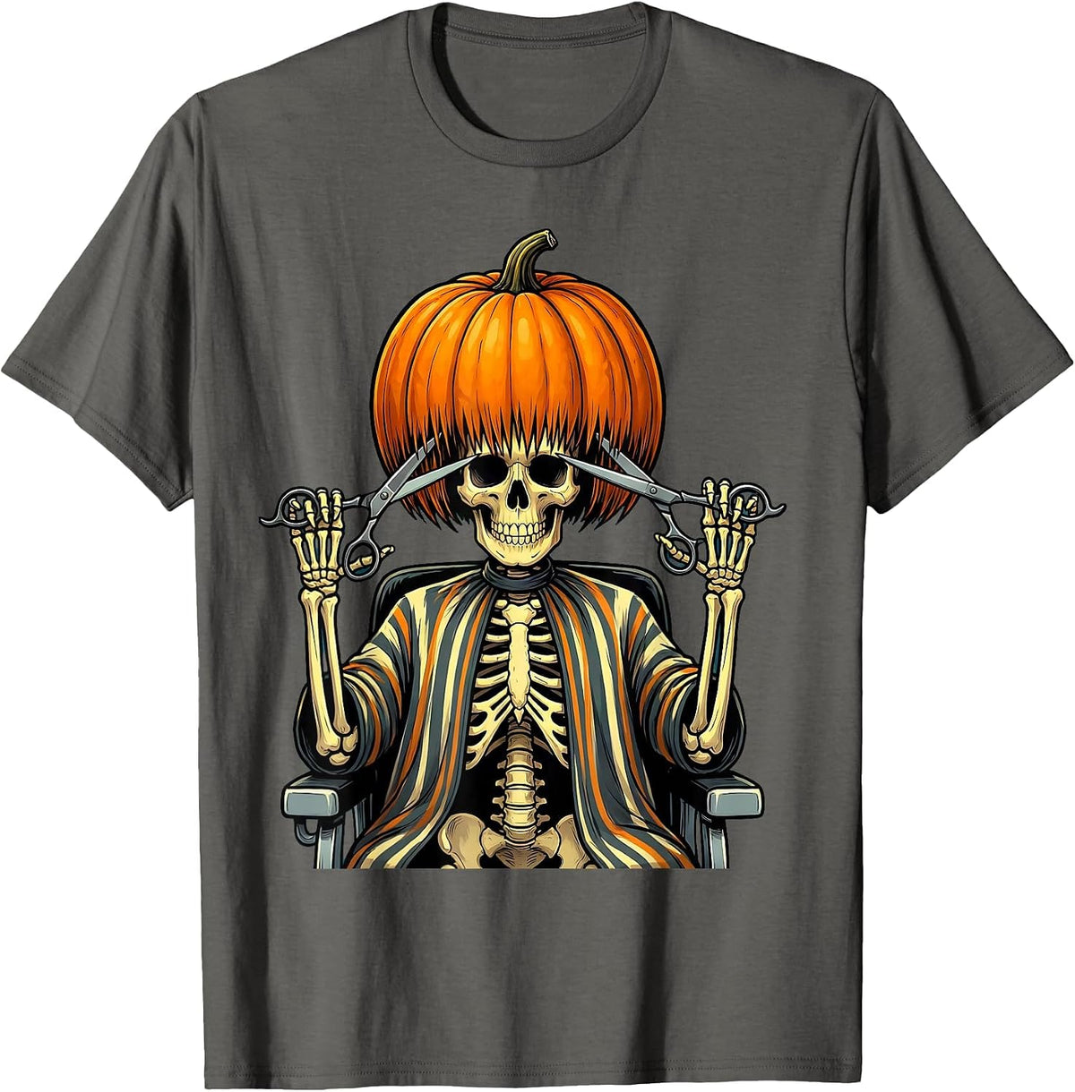 Pumpkin Skull Hairstylist Halloween Barber Humor T-Shirt - Asphalt Grey