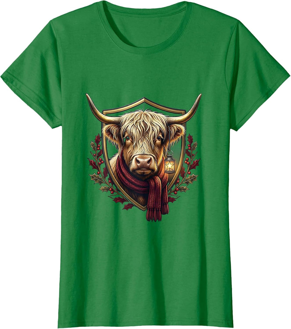 Women's Scottish Highland Cow Cozy Scarf Christmas Emblem T-Shirt - Kelly Green