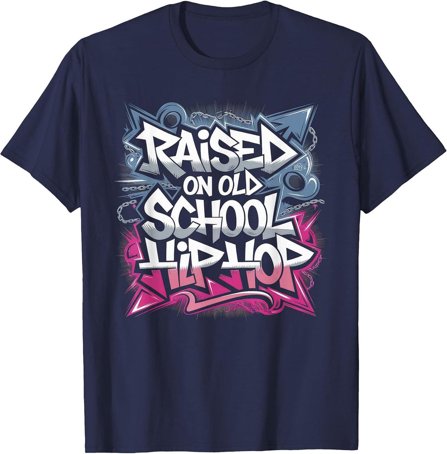 Raised ON Old School Hip HOP Tshirt Cassette Graffiti Rap T-Shirt - Navy Blue