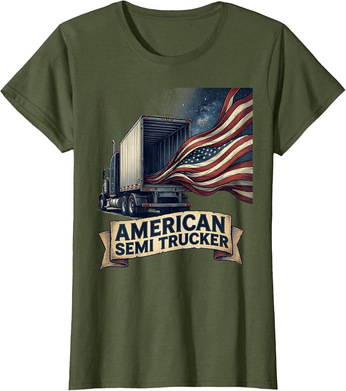 Women's American Semi Trucker Patriotic Truck Driver Flag Pride T-Shirt - Olive Green